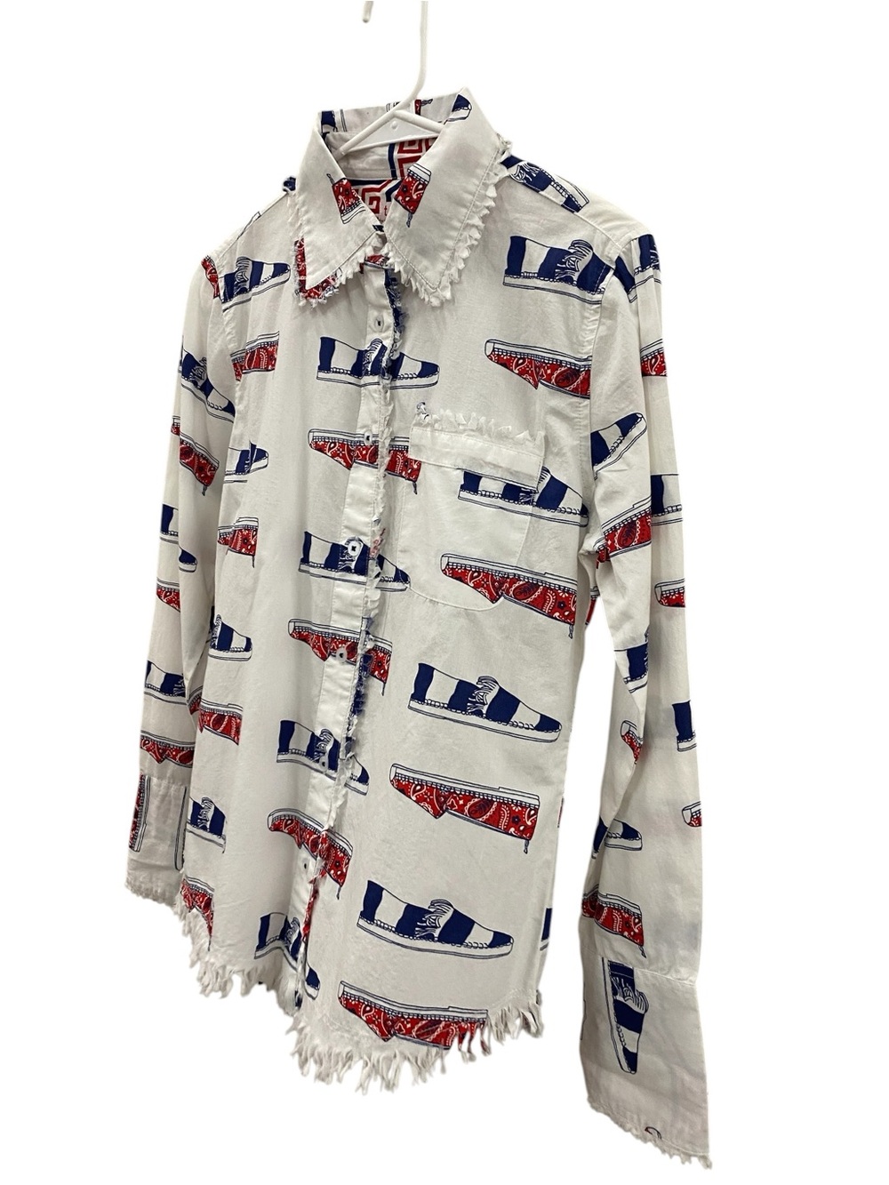 Frayed White Button-Down Shirt with Red & Blue Sneaker Print Tizzie